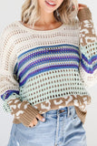 Leopard Striped Round Neck Crochet Knit Top - Trendsi