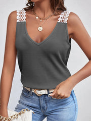 Lace Detail Waffle-Knit V-Neck Tank - Trendsi