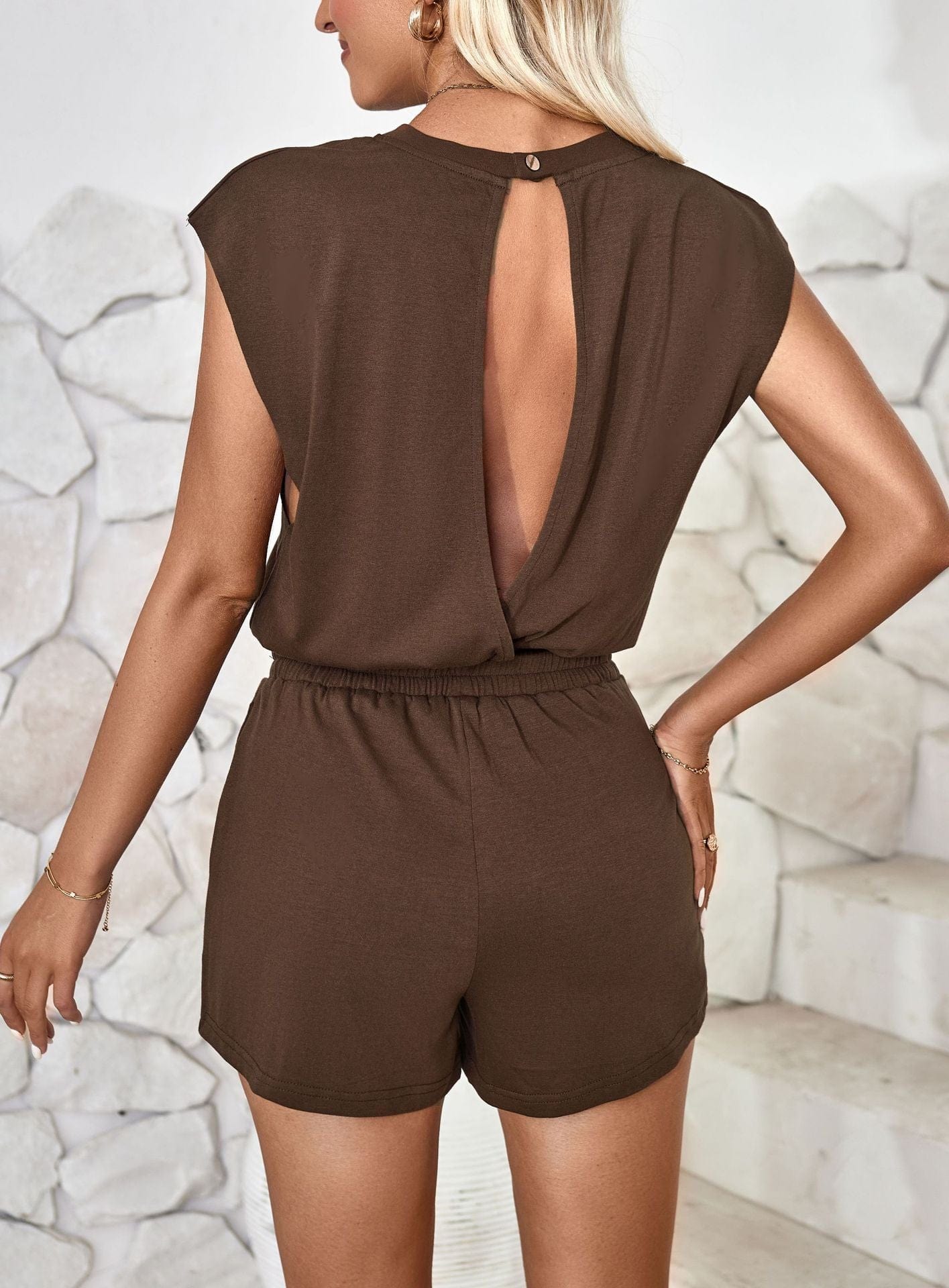 Cutout Round Neck Cap Sleeve Romper Trendsi