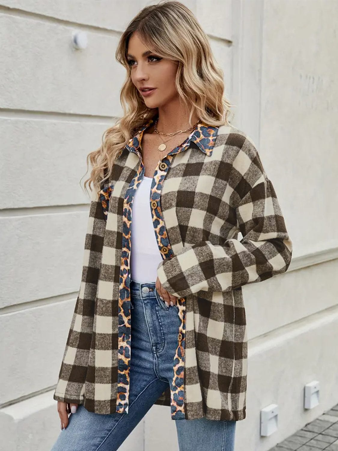 Leopard Trim Plaid Collared Neck Long Sleeve Shirt - Trendsi