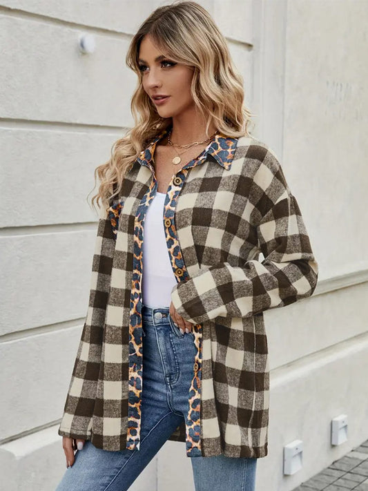 Leopard Trim Plaid Collared Neck Long Sleeve Shirt - Trendsi