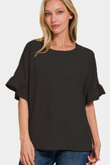 Zenana V-Neck Flutter Sleeve Top Trendsi