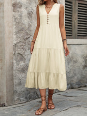 Decorative Button Notched Sleeveless Dress Trendsi