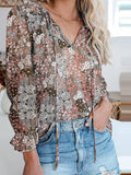 Printed Tie Neck Long Sleeve Blouse - Flyclothing LLC