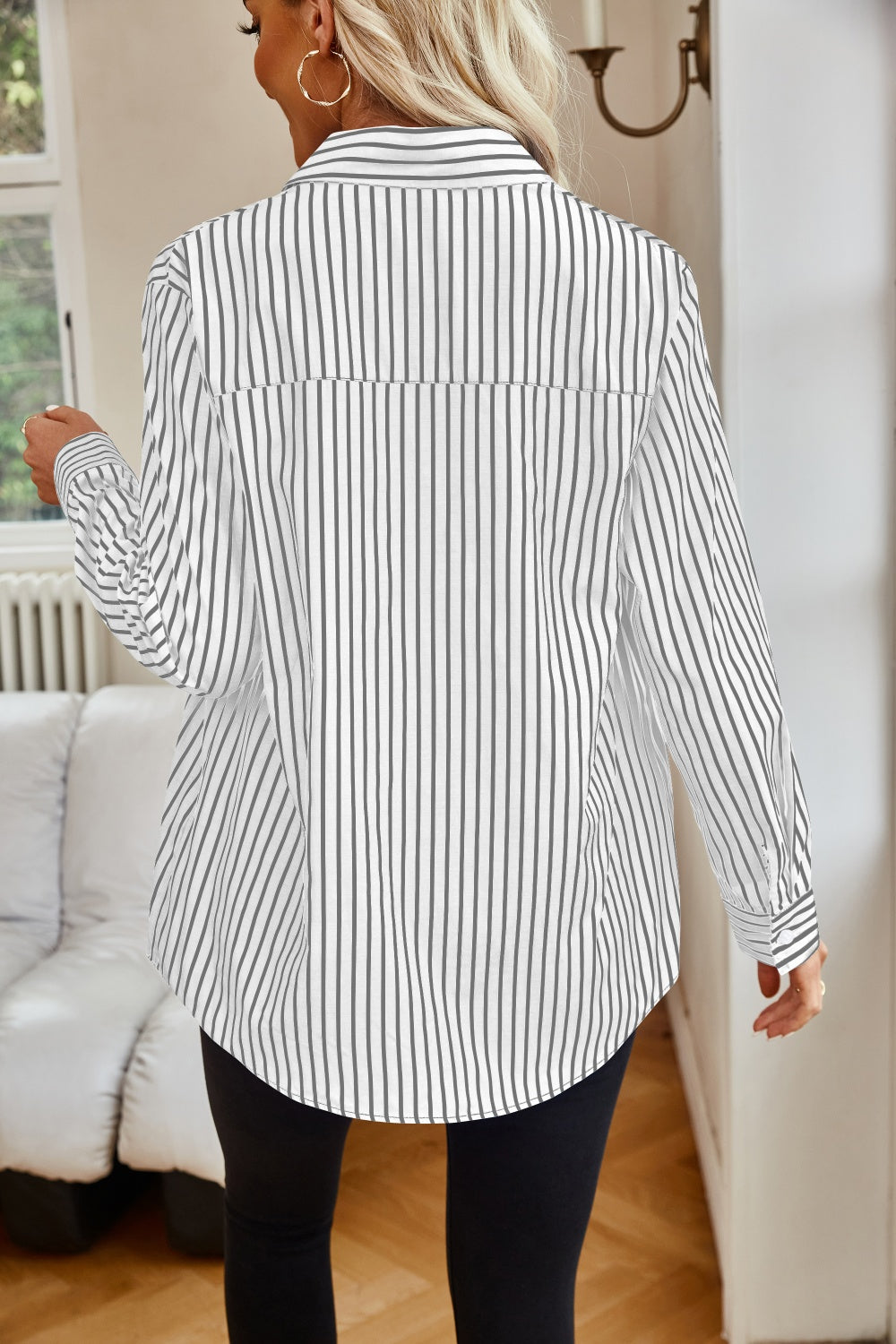 Striped Button Up Long Sleeve Shirt Trendsi