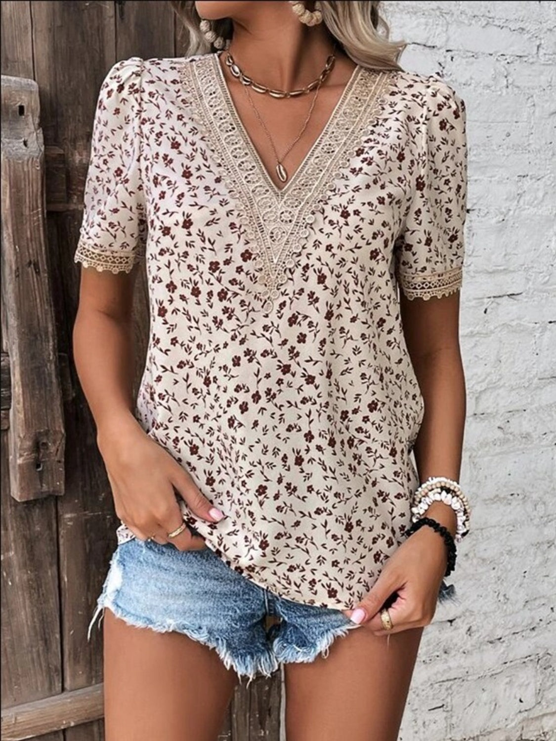 Full Size Printed V-Neck Short Sleeve Blouse - Flyclothing LLC