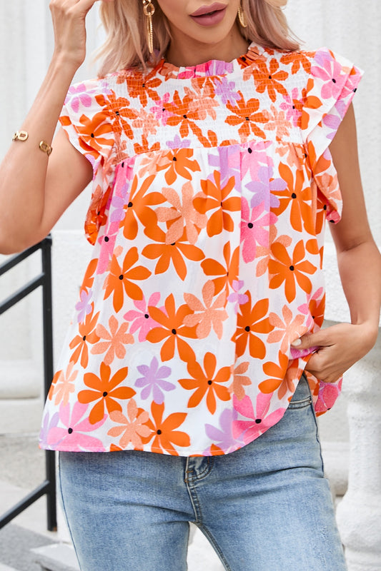 Printed Round Neck Cap Sleeve Blouse Trendsi