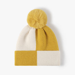 Color Block Knit Hat with Pom-pom - Trendsi