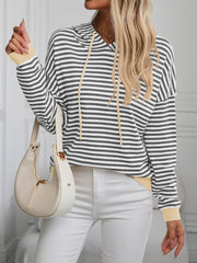 Mandy Striped Long Sleeve Hooded Knit Top - Trendsi