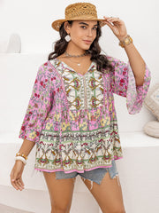 Plus Size Ruched Printed Tie Neck Three-Quarter Sleeve Blouse