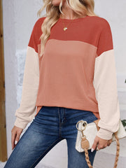 Color Block Round Neck Long Sleeve Sweatshirt - Trendsi