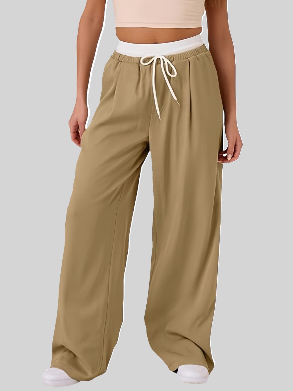 Contrast Waistband Drawstring Wide Leg Pants - Trendsi