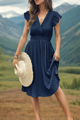 Tied Smocked Waist Flutter Sleeve Dress - Flyclothing LLC