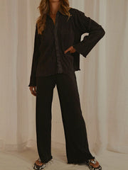 Collared Neck Long Sleeve Top and Pants Lounge Set - Trendsi