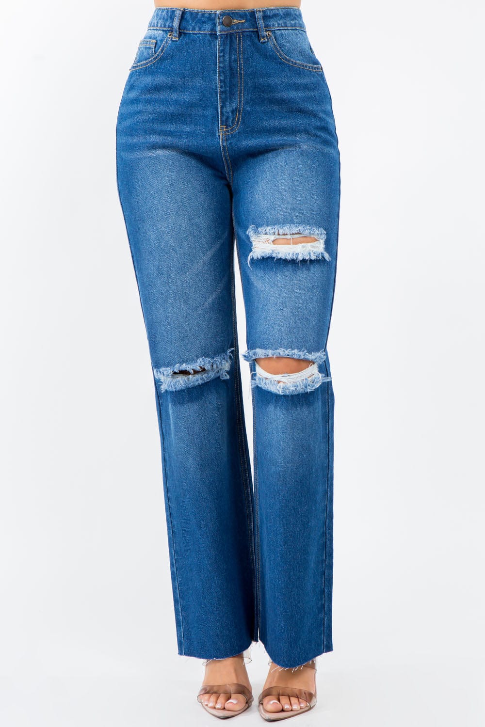 American Bazi High Waist Distressed Wide Leg Jeans - Trendsi