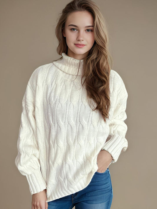 Cable-Knit Turtleneck Long Sleeve Sweater - Trendsi