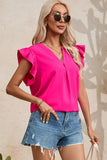 Ruffled Notched Cap Sleeve Blouse - Flyclothing LLC