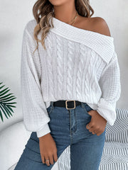 Cable-Knit One Shoulder Long Sleeve Sweater - Trendsi