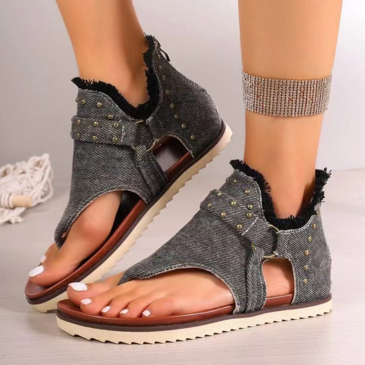 Studded Raw Hem Flat Sandals Trendsi