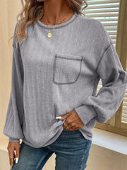 Mandy Contrast Stitching Round Neck Long Sleeve T-Shirt - Trendsi