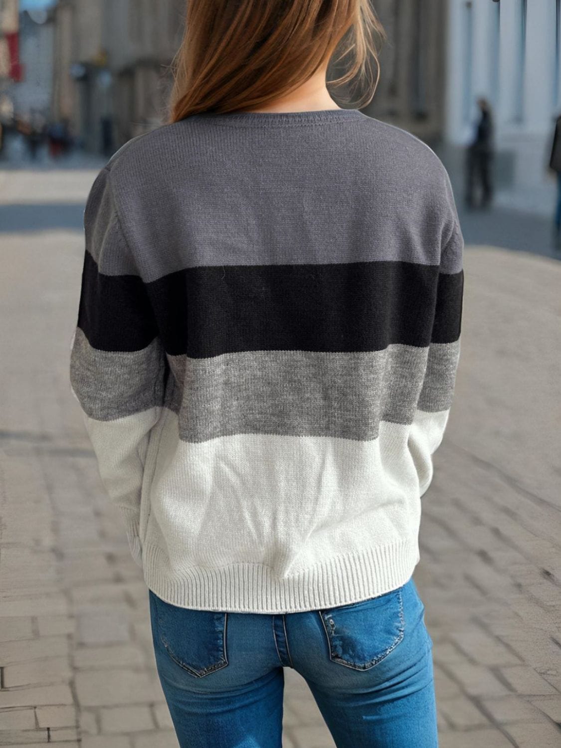 Color Block Round Neck Long Sleeve Sweater - Trendsi