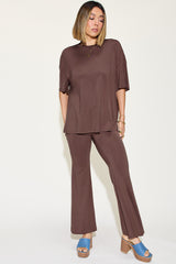 Basic Bae Full Size Bamboo Drop Shoulder T-Shirt and Flare Pants Set Trendsi