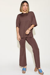 Basic Bae Full Size Bamboo Drop Shoulder T-Shirt and Flare Pants Set Trendsi