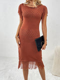 Fringe Openwork Boat Neck Knit Dress - Flyclothing LLC