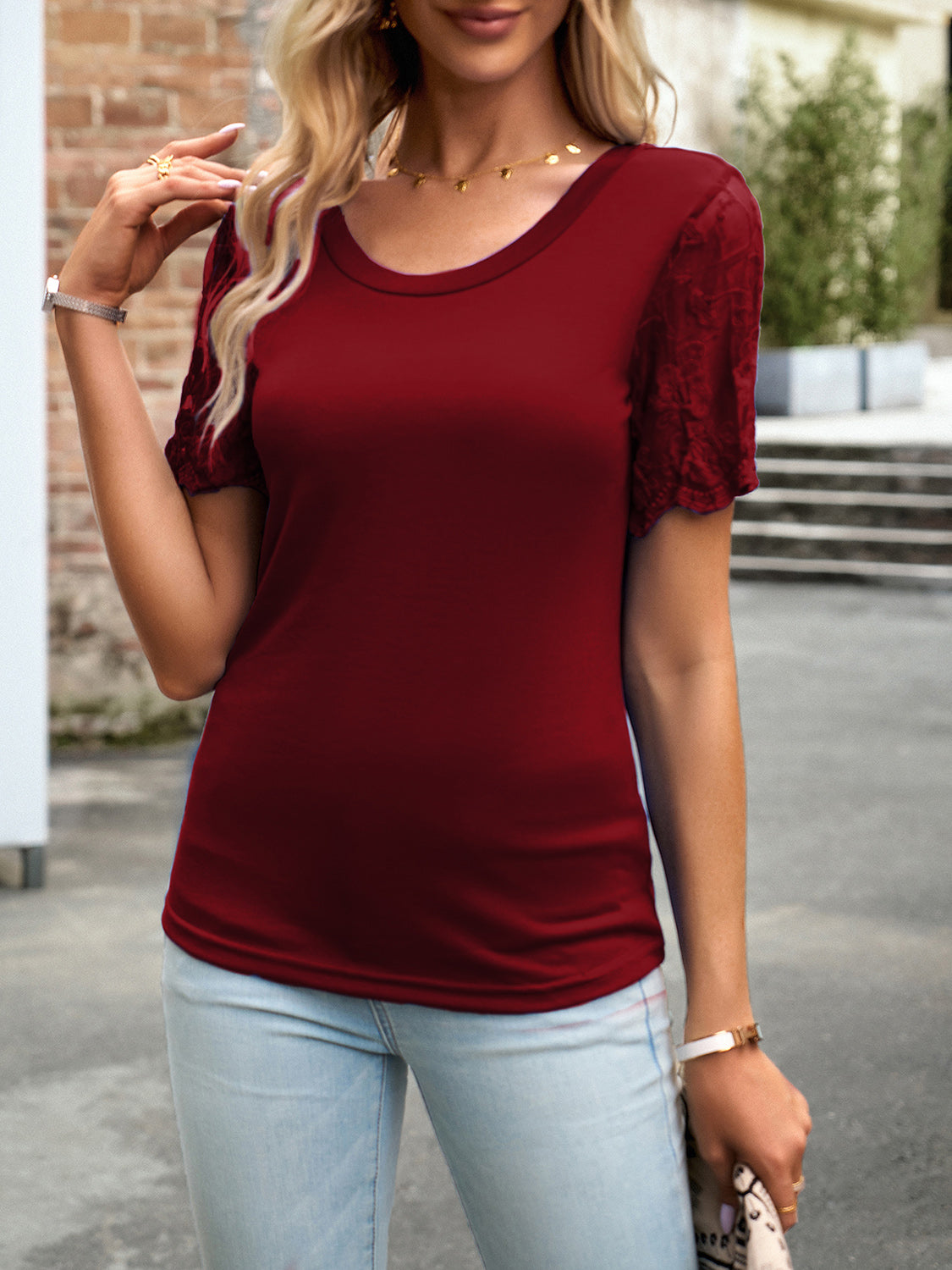 Lace Detail Round Neck Short Sleeve T-Shirt Trendsi