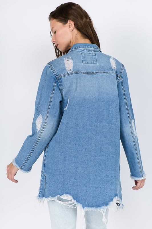 American Bazi Distressed Frayed Hem Denim Jacket - Trendsi