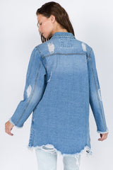 American Bazi Distressed Frayed Hem Denim Jacket - Trendsi