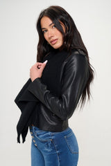 Coalition LA Knit Collared Faux Leather Crop Jacket - Trendsi