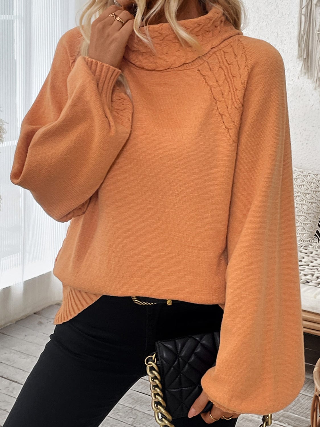 Cable-Knit Turtleneck Long Sleeve Sweater - Trendsi