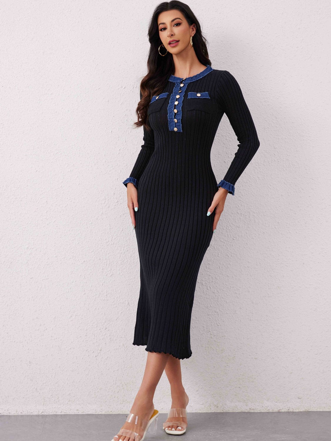 Contrast Trim Round Neck Long Sleeve Sweater Dress - Trendsi