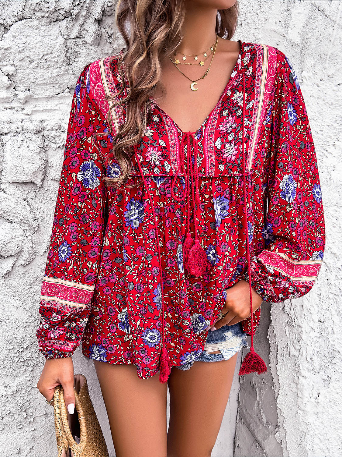 Printed Tie Neck Long Sleeve Blouse - Flyclothing LLC