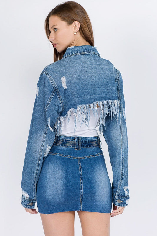 American Bazi Distressed Denim Jacket with Frayed Hem - Trendsi