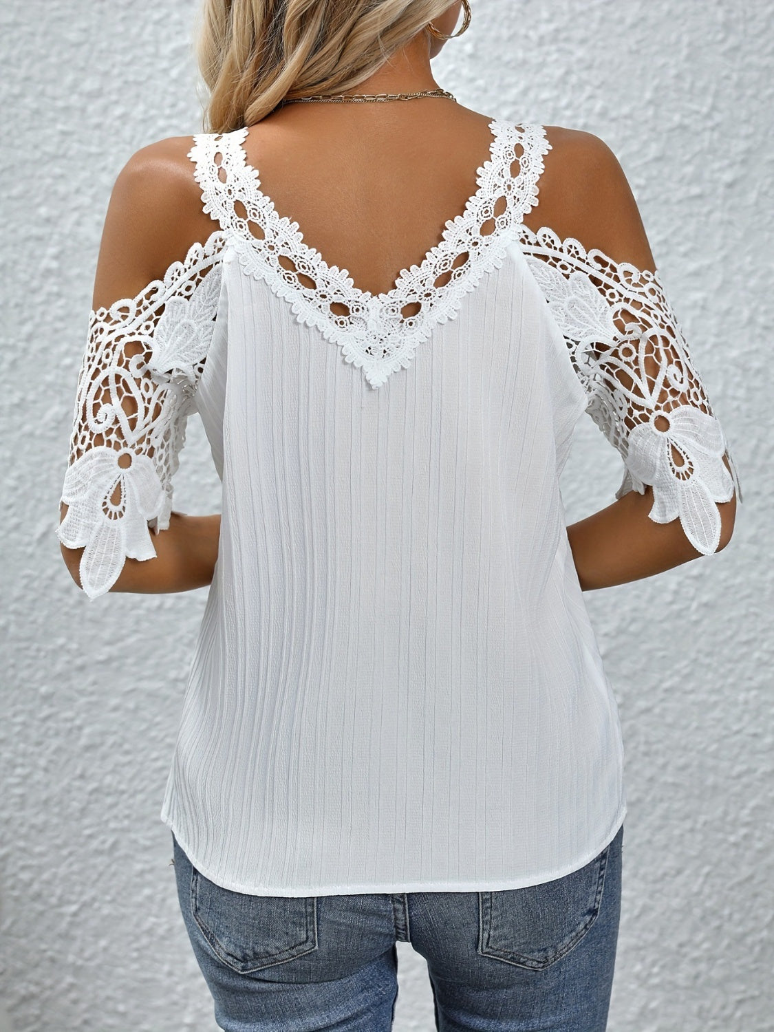 Lace Detail V-Neck Cold Shoulder Blouse Trendsi