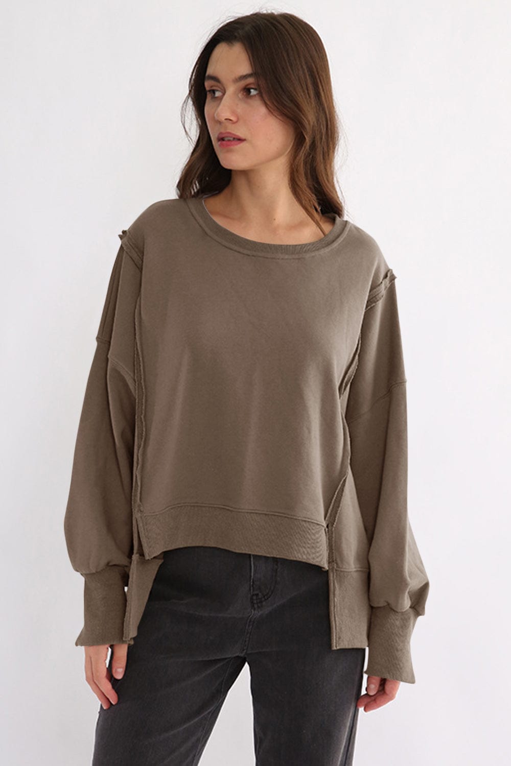 Exposed Seam High-Low Long Sleeve Sweatshirt - Trendsi