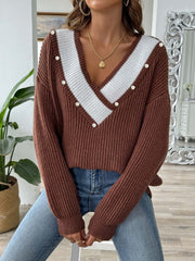 Contrast Trim Dropped Shoulder Long Sleeve Sweater - Trendsi