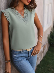 Lace Detail V-Neck Cap Sleeve Top - Trendsi