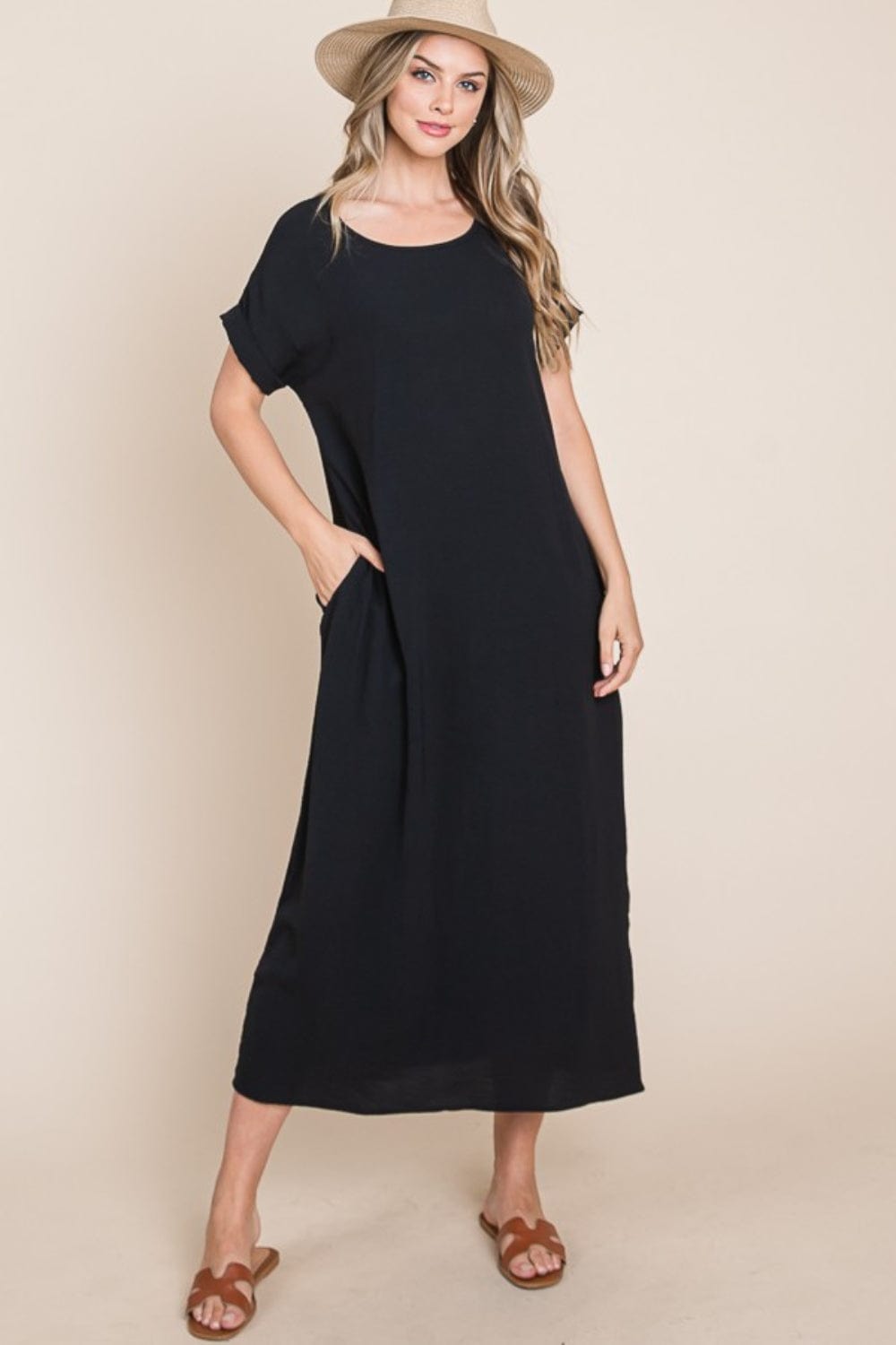 BOMBOM Round Neck Short Sleeve Midi Dress with Pockets - Trendsi