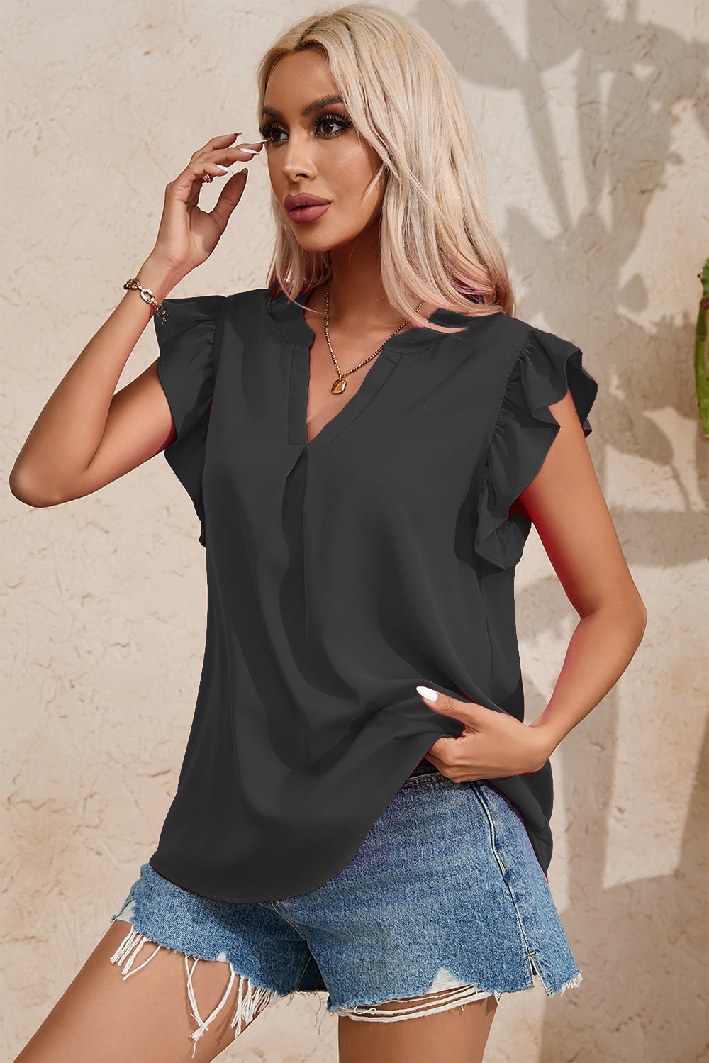 Ruffled Notched Cap Sleeve Blouse - Flyclothing LLC