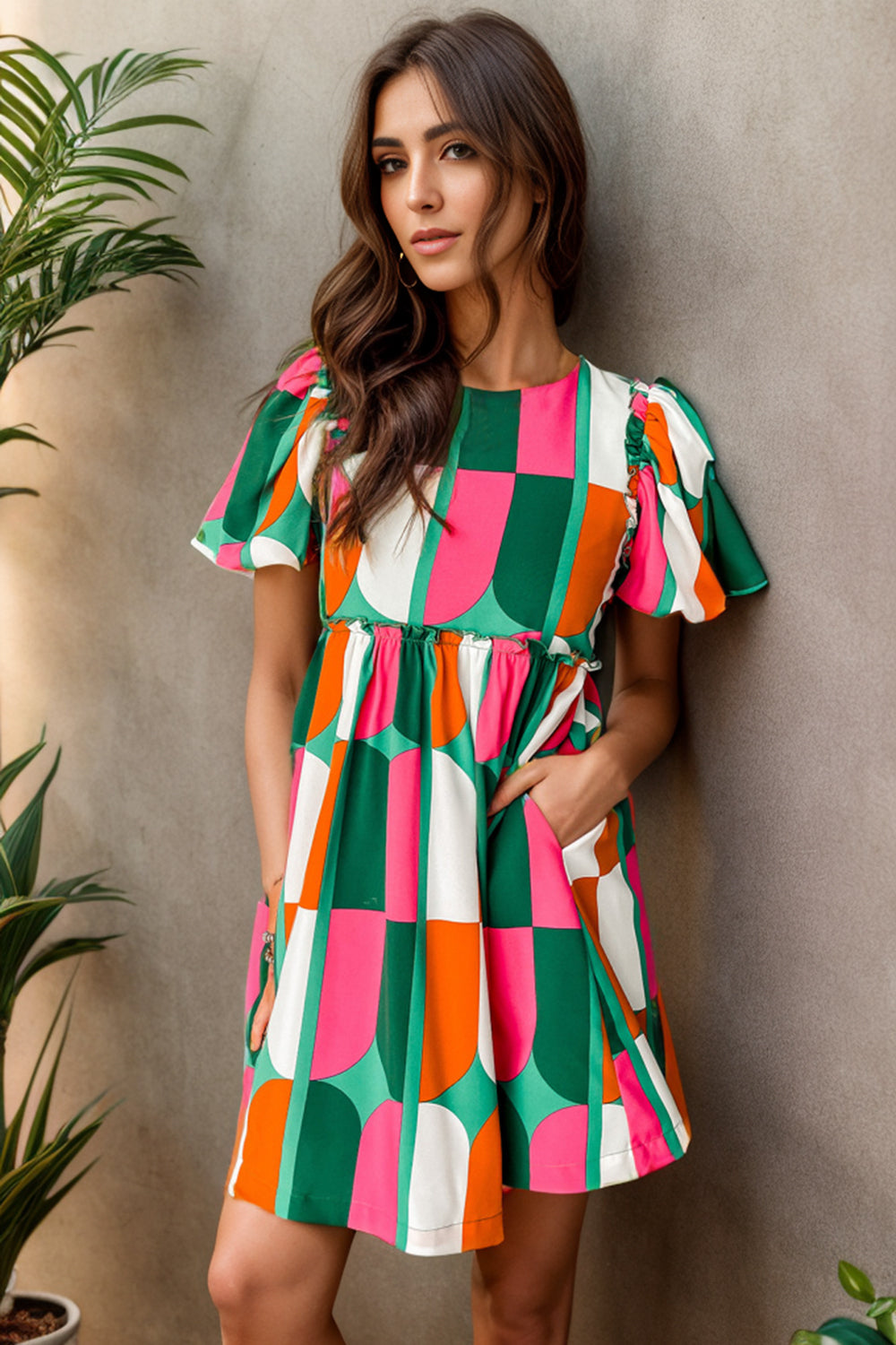 Color Block Round Neck Short Sleeve Dress Trendsi