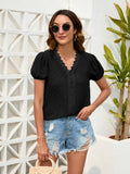 Swiss Dot Lace Detail V-Neck Blouse - Flyclothing LLC