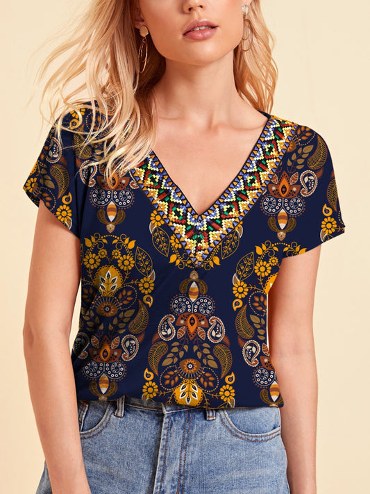 Printed V-Neck Short Sleeve T-Shirt Trendsi