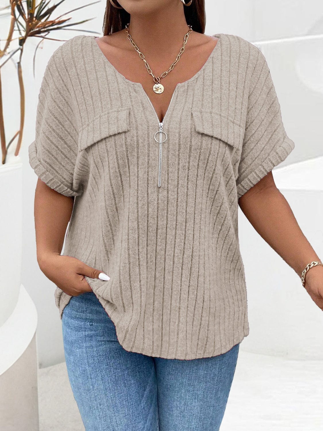 Plus Size Half Zip Short Sleeve T-Shirt - Trendsi