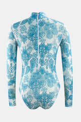 Printed Mock Neck Long Sleeve One-Piece Swimwear - Flyclothing LLC