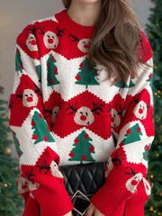 Christmas Element Round Neck Long Sleeve Sweater - Trendsi