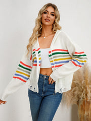 Drawstring Striped Dropped Shoulder Hooded Cardigan - Trendsi