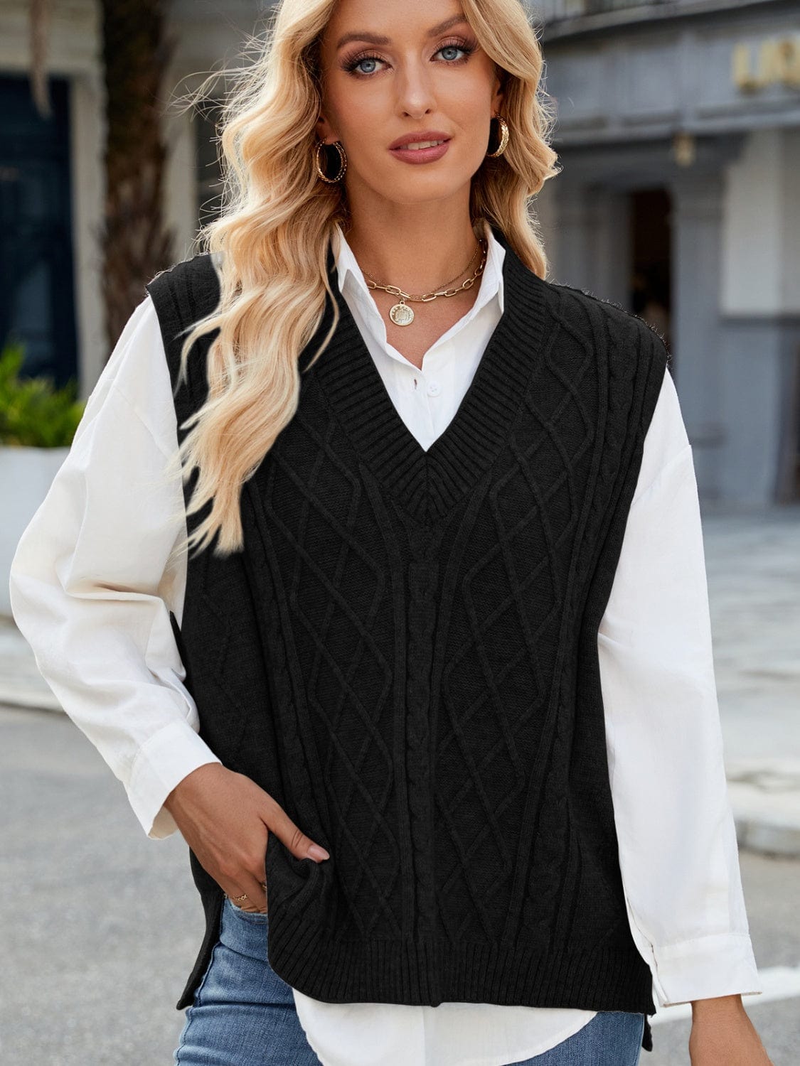 Cable Knit V-Neck Sweater Vest - Trendsi